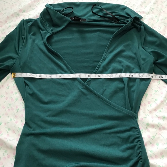FOREVER 21 Collar Up V-Neck Wrap Bodycon Dress XS Royal Green Long Sleeve - Picture 9 of 12